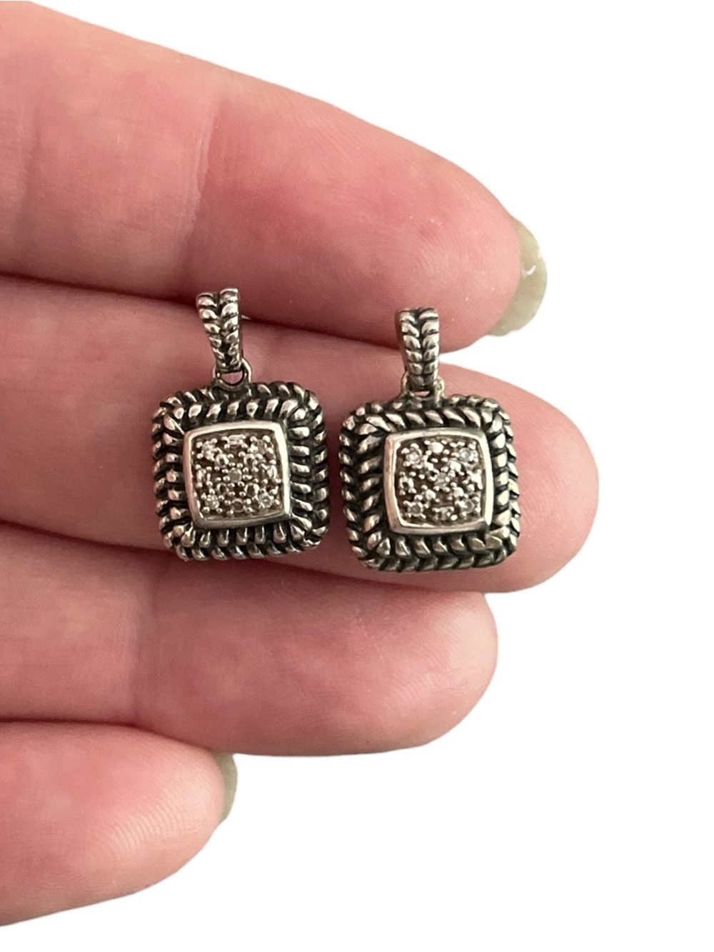John Hardy 925 Sterling Silver Diamond Pave Square Drop Earrings Classic Chain